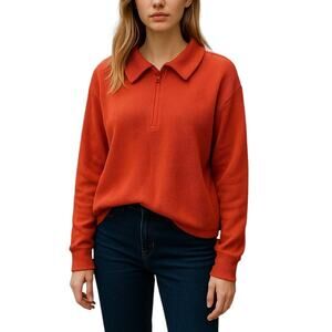 Kule Orange Red Rosewell Waffle Knit Cotton Quarter Zip Pullover